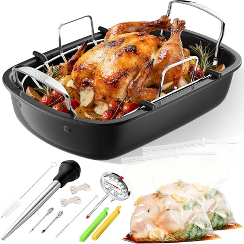 Roasting Pan, 17x13 Inch Nonstick Turkey Roaster with Removable Rack & Cooking Kit,Roaster Pan for Roasting Turkey, Meat & Vegetables (Silver)