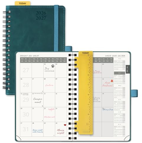 POPRUN Agenda Månadskalender 2026 2027 Pocket 16 x 10,5 cm, Juli'26 - Dec'27, 18 Månader, Liten A6 Kalender, Mjuk Spiralbindning, Linjal, Papper 100 gsm,Bensinfärg