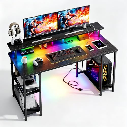 MUTUN Gaming Desk with LED Lights & Power Outlets, 120×50cm Computer Desk with Storage Shelves & Dual Monitor Stand, for Home Office Study Bedroom Small Spaces,Black