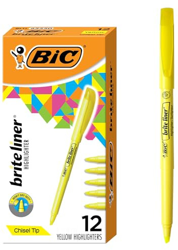BIC Brite Liner Highlighters, Chisel Tip, 12-Count Pack of Yellow Highlighters, Ideal Highlighter Set for Organizing and Coloring