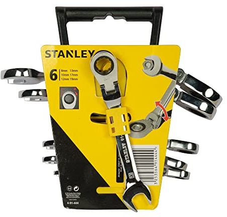 Stanley 4-91-444 Llave combinada de carraca con cabeza indexable, acero al cromo forjado, resistente a la corrosión, cabeza poligonal, hexágono inclinado 12, ángulo de retorno 5°, estándar, 6 piezas