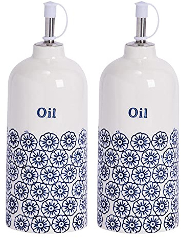 Nicola Spring Olive Oil Bottles - 500ml - Pack of 2 - Dishwasher Safe Porcelain Kitchen Hand Printed Navy Olive Oil Dispenser Cruet with Chrome Pourer Spout for Kitchens, Restaurants, Dining