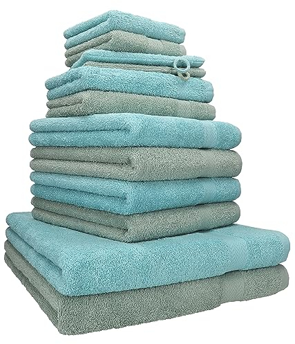 Betz 12-TLG. Handtuch Set Premium 100% Baumwolle 2 Duschtücher 4 Handtücher 2 Gästetücher 2 Seiftücher 2 Waschhandschuhe Farbe heugrün/Ocean