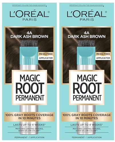 L'Oreal Paris Magic Root Rescue 10 Minute Root Hair Coloring Kit, Permanent Hair Color with Quick Precision Applicator, 100% Gray Coverage, 4A Dark Ash Brown, 2 count