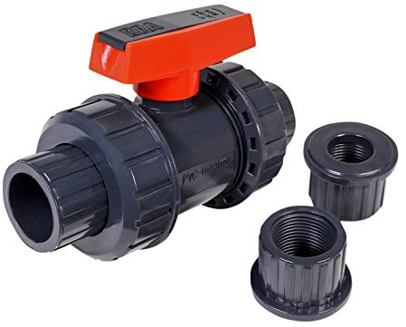 Midline Valve 482UT112 Heavy Duty PVC True Union Ball Valve Pink Handle 1-1/2'' FIP/Solvent Connections Grey Plastic, Gray