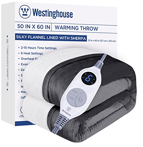 Westinghouse Heated Throw Blanket, Electric Blanket Throw with 6 Heating Levels and 2-10 Hours Time Settings, Flannel to Sherpa Super Cozy Heated Blanket Machine Washable, 50x60 inch, Charcoal