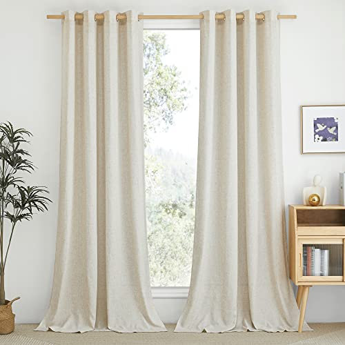 PONY DANCE Natural Linen Curtains 84 Inch Drop, Farmhouse-Charmed Bedroom Curtains with Eyelet Top Light Filtering Privacy Protected Window Treatments for Room Divider, 55x84-Inch, Set of 2