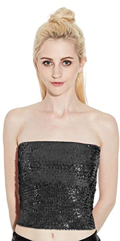 SAMHENG Womens Sparkly Tube Top, Glitter Sleeveless Party Club Tank Top, Non-Padded Stretchy Bandeau Bra Strapless Sequin Mermaid Crop Tops Bandeau for Party Clubwear, Black