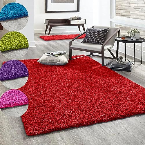 VIMODA Hochflor Teppich Prime Shaggy Langflor Wohnzimmer Schlafzimmer Rund Farbig, Farbe:Rot, Maße:60x100 cm