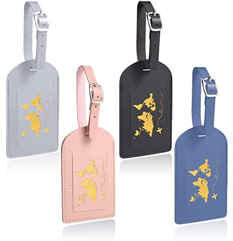 Lot de 4 étiquettes de bagage, étiquettes d'adresse, étiquettes de bagage, en cuir, identification des bagages en voyage, rose