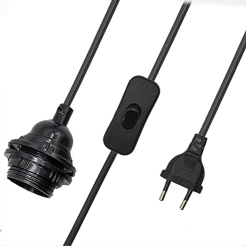 CABLEPELADO Portalámpara E27 Con Interruptor, Adaptador de Lámpara, Base Para Bombilla, Enchufe + Interruptor ON/Off, Cable 2 Metros, Diseño Vintage, Cable Trenzado, Negro
