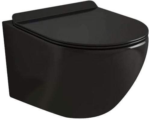 WC Suspendu noir Sans Bride avec Fixations Invisibles + Abattant Ultra Fin Déclipsable + Frein de Chute (Noir)