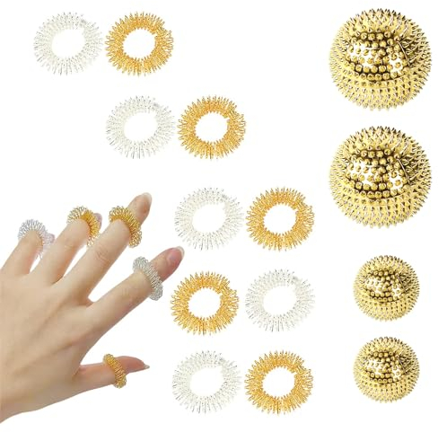 Jortmrd 4 Stück Massageball Igelball + 10 Stück Akupressur Massage Ring Magnetische Akupressurkugel Massageringe Fingermassagering für Finger Handgelenk Stress Relief (Gold, Silber)
