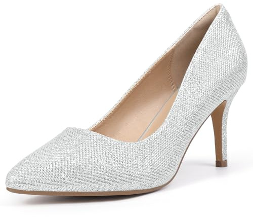 IDIFU Silver High Heels Pumps Closed Toe Heels Women's Pumps Stiletto Pointed Toe Dress Shoes Wedding Prom Bridal Work Office Bride Trendy Dressy Comfortable Classic Pumps Shoes(Silver Glitter,8.5)