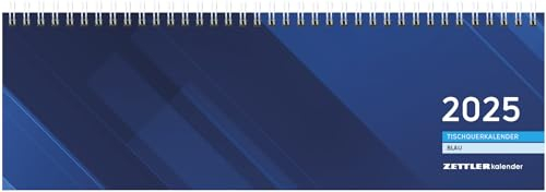 Zettler - Tischquerkalender 2025 blau, 32x10,5cm, Bürokalender mit 128 Seiten, Tages- und Wochenzählung, Jahresübersicht, Steuerterminen, Drahtkammbindung und deutsches Kalendarium
