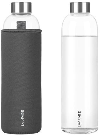 LOOFORE Bouteille en Verre 1 litre 1000ml, Sans BPA, anti-fuite, Gourde Reutilisable en Borosilicate, Bouteille d'eau en Verre pour Bureau, Sport, Camping, Enfants et les Adultes