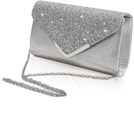 EJJUOO Damen Glitzer Clutch Abendtasche, Damen Clutch Glitzer Elegant, Clutch Silber Glitzer Klein für Hochzeit, Abendveranstaltung, Party, Abschlussball, Kette Clutch Silber