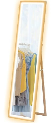 HOMCOM Full Length Mirror with LED Lights, 160 x 40cm Free Standing Mirror with Dimming and 3 Colour Lighting, Leaning or Wall Mirror with Frame for Living Room, Bedroom, Oak