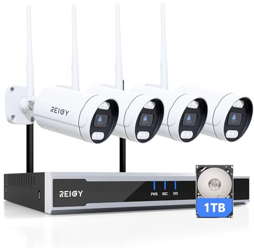REIGY 5MP Système Surveillance WiFi Exterieure avec Disque Dur 1To, Kit Camera Videosurveillance 16CH NVR + 4X 1920P Camera, Audio Bidirectionnel Vision Nocturne Colorée Imperméable