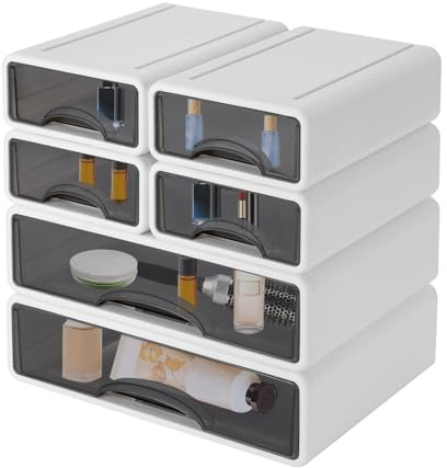 Organizador de oficina, 6 compartimentos, cajones cerrados, apilable, de plástico, con asas, suministros de oficina, organizador de mesa para el hogar y la oficina, 34 x 25 x 33 cm, color blanco