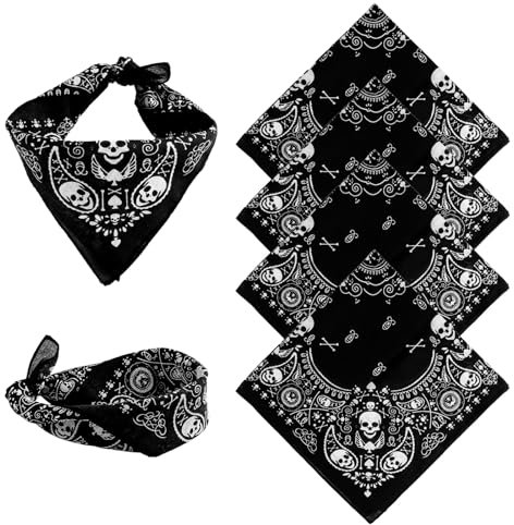 LuxStellar Bandana negra, 4 unidades, bandana para hombre con estampado de calavera, pañuelo de algodón ideal para ropa urbana, motociclistas, actividades al aire libre y accesorios de moda elegantes