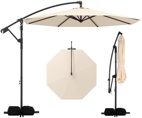 COSTWAY 300 cm Sonnenschirm mit Ständer und LED-Leuchten, Ampelschirm mit Kurbel, Gartenschirm, UV-Schutz, Marktschirm, Terrassenschirm für Garten, Pool, Terrasse, Beige