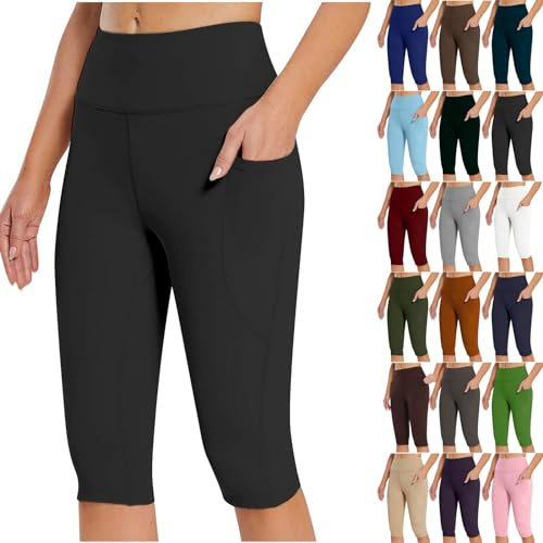 AMDOLE Capri Leggings for Women UK High Waisted Knee Length Yoga Leggings with Pockets Summer Short Legging Tummy Control Yoga Pants Cropped Seamless Stretchy Sports Gym Running Shorts