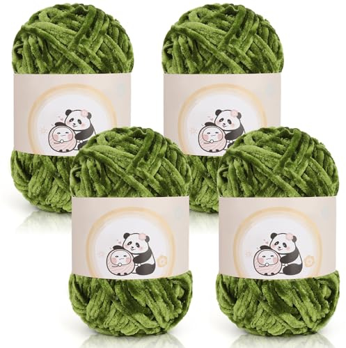 Aeelike Chenille Yarn Set 400g, 4 Pack Plush Chenille Wool for Knitting 100g Balls Chunky, Soft Fluffy Velvet Chunky Yarn for Crochet Amigurumi, Thick Blankets, Scarves and DIY Crafts, Olive Green