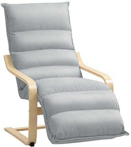 HOMCOM Relaxsessel, Loungesessel gepolstert Sessel mit verstellbarem Fußteil, Samtoptik für Wohnzimmer Schwingstuhl mit Armlehne, Lesesessel Hellgrau