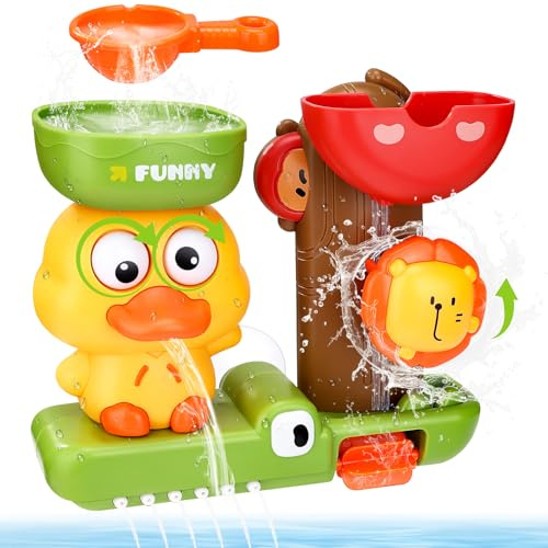 Acsatont Jouet Bain Bébé, Jouets de Bain pour Bebe 1 2 3 Ans Jouet de Bain Cascade Interactif Caneton et Lion Jouet de Bain avec cuillère à Eau Cadeaux pour Garçons Filles
