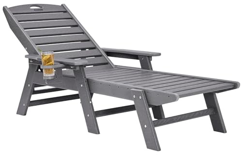 VEVOR Bain de Soleil, Capacité de Charge 181 kg, Chaise Longue Jardin en PEHD, avec Dossier Réglable sur 6 Positions, Accoudoir, Porte-gobelet, pour Extérieur, Piscine, Terrasse, Patio, Pelouse, Gris