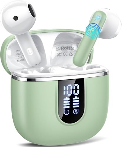 Wireless Earbuds, Bluetooth 5.4 Earphones In Ear Hi-Fi Stereo Deep Bass, Bluetooth Headphones with 4 ENC Noise Cancelling Mic, 40H Playback IP7 Waterproof Earbuds Comfortable Earbuds for Work, Green