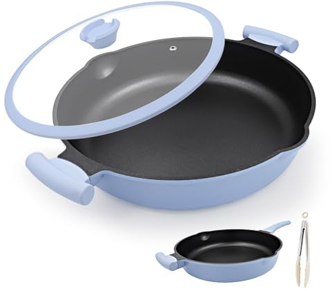 Bobikuke Padella Antiaderente da 14 Pollici con Coperchio, Padella 2-in-1 Grande e Profonda, Padella Antiaderente con Coperchio, Pentole a Induzione, Padella da Cucina Non Tossica con Manico Ausiliare