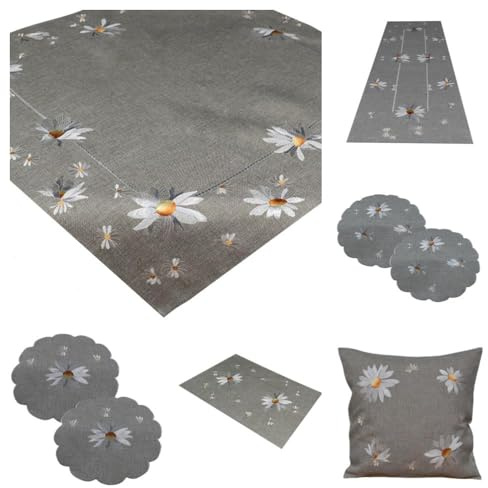 Tischdecke Mitteldecke Tischläufer Tischset Frühling Sommer grau Stickerei weiße Margeriten pflegeleicht Verschiedene Größen runde Deckchen (2er Set rund 40 cm)