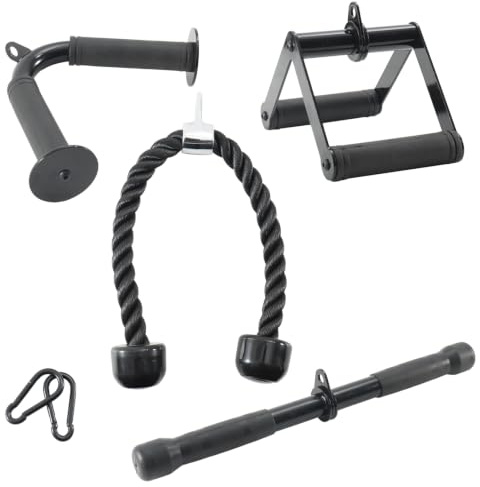 TINMAGI Ensemble Accessoires Machine à Câble 4 Pièces Acier, Corde Triceps, Barre V, Poignée Selle, Barre Droite + 2 Crochets pour Salle de Sport à Domicile