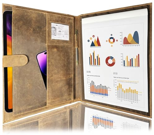 Leather A4 Conference Folder | Professional Organizer for Men and Women | Handmade Durable Leather Portfolio with Sleeves for Documents and Notepad by Rustic Town (Brown)