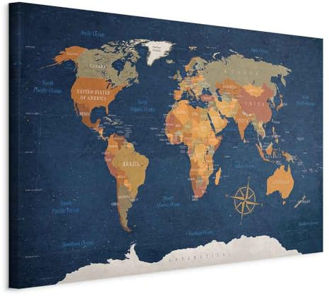 Prints on Canvas Wall Art World map 120x80 cm / 48x32 1 pcs | Large Canvas Prints XXL Art Deco Pictures for Bedroom Walls Home Decor Wall Pictures for Living Room Maps International