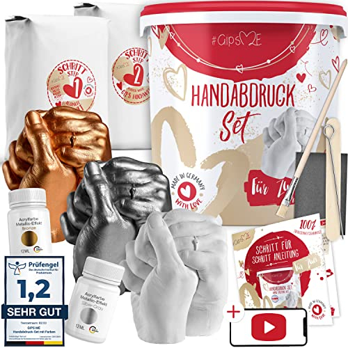 GipsME 3D Handabdruck Set für Paare + Farbe Silber [Made in Germany] Jahrestag Geschenk für Ihn & Sie, personalisierte Partner Geschenke zur Hochzeit, Gipsabdruck Hände Paar
