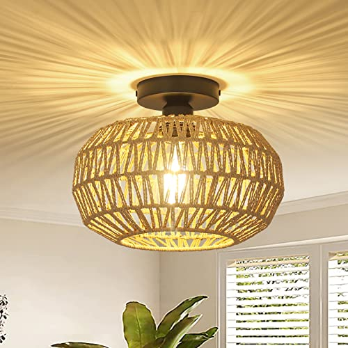 Stepeak Rattan Deckenlampe Wohnzimmer, Vintage Boho Deckenleuchte mit Rattan Lampenschirm, Semi-Flush Mount Deckenleuchte Bambus, Rustikal Hängelampe für Schlafzimmer Küche Flur Esstisch, Schwarz