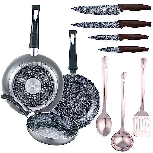 Set 3pc sarten (16+20+24cm) aluminio prensado, inducción, negra Soul Marble con Set 3 pc utensilios cocina acero inoxidable con Set 4pc cuchillos ace