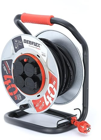 DEBFLEX - Enrouleur HO7RN-F 3G2,5 mm² - Enrouleur Electrique avec Rallonge Electrique 40m + 4 Prises Etanches IP44 - Avec Guide Câble - Blocage Touret - PVC + Metal - Noir