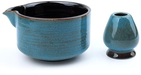 PUNNIO Japanese Matcha Bowl, Glazed Ceremonial Matcha Bowl with Whisk Holder for Matcha Powder/Matcha Tea/Japanese Matcha (Blue(w/Spout))
