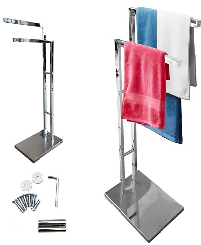 MAKA Portasciugamani da Terra in Metallo Argento Cromato Lucido Piantana da Bagno Con Bracci Portarotolo Carta Igienica Porta Scopino Toilette Moderno Regolabile Alluminio (2 Braccia)