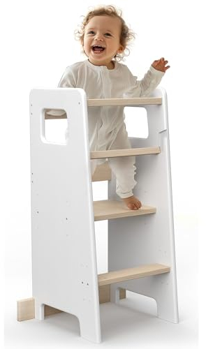 CADANI Jasper Lernturm ab 1. Jahr mit Anti Kipp Schutz - Montessori Küchenhelfer Massivholz bis 50 kg belastbar -Höhenverstellbar - Made in EU - innovative Spitzenqualität, Weiß