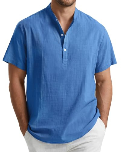 Enlision Camisa Lino Hombre Manga Corta Verano Camisas Casual para Hombres Cuello Mao Ibicenca Camiseta con Botones Algodón Color Sólido Ropa S-4XL