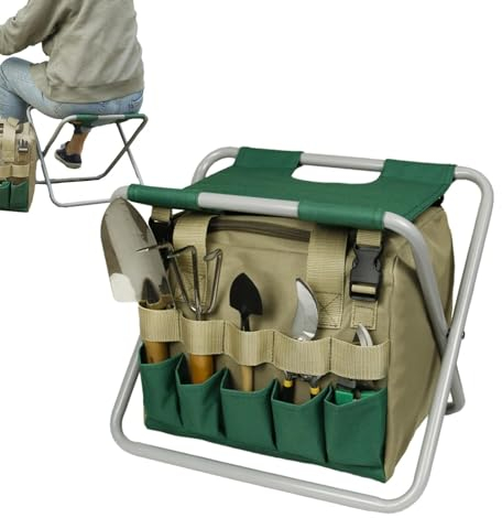 itrimaka Klapphocker für Gartenarbeit, Faltbarer Campinghocker | Gartenhocker mit Abnehmbarer Werkzeugtasche | Gartenhocker, tragbarer Hocker für Gartenarbeit, Camping und Sport