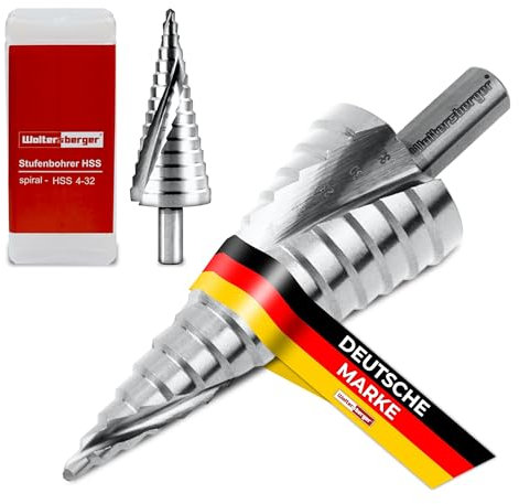 Woltersberger® HSS Stufenbohrer mit 10mm Schaft | Kegelbohrer Ø 4-32mm Spiral | HSS Stufenbohrer mit 15 Stufen passt für viele Bohrfutter | Ideal für Metall, Holz, Aluminium, Messing, Kunststoff