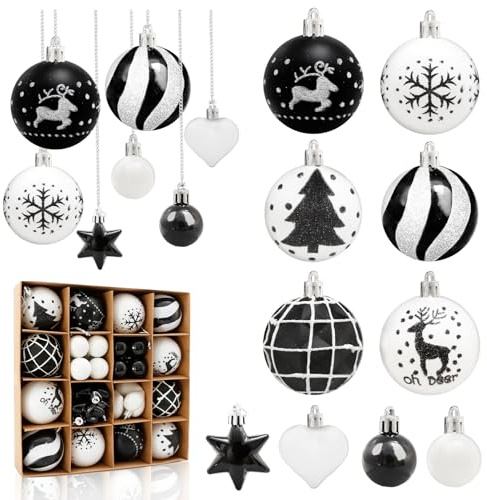 Aitsite 38 Pcs Bolas Arbol de Navidad Blanco y Negro, 6CM/3CM Bolas de Navidad de Plástico de con Adornos Colgantes Navidad Inastillables Decoraciones para Árboles de Interior y Exterior
