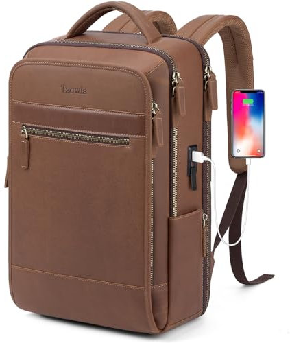 Tzowla Leather Laptop Backpack Bags Mens and Women,Genuine Leather Vintage Backpacks with USB/Type-C Charging Port Fits 15.6inch Notebook,Business Work Travel Slim Daypack-Brown
