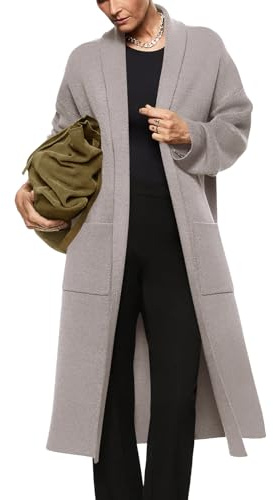 Womens Long Sleeve Maxi Cardigan Open Front Oversized Knitted Sweater Coat Casual Lapel Warm Overcoat with Pockets, Camel Beige, L